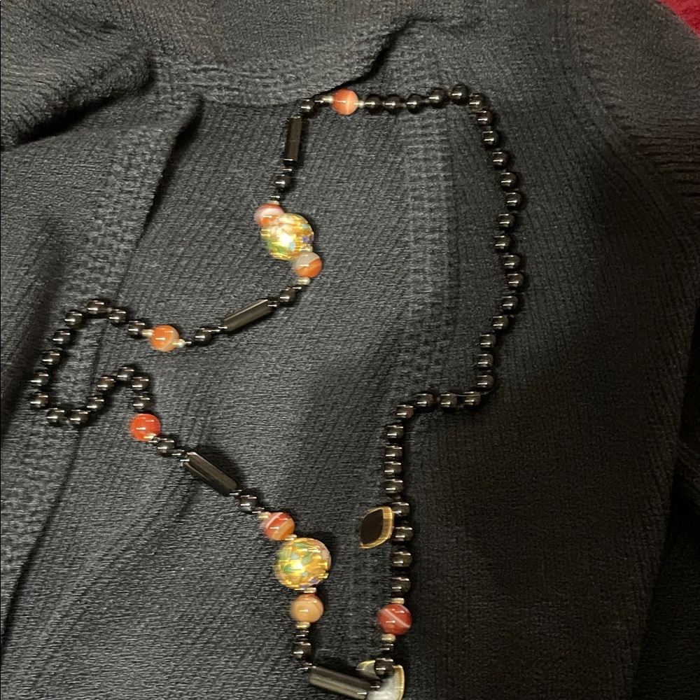 Elegant, Vintage Black onyx and Gold Beaded Necklace with hand painted flowers